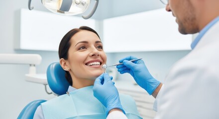 Dentist examining patient's teeth and gums with dental tools