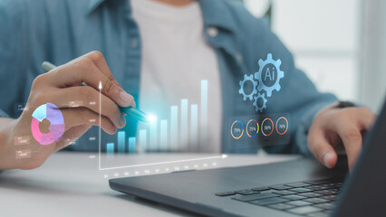 AI-driven data analytics with business growth charts and performance dashboard, representing artificial intelligence, big data, machine learning, and smart digital technology for business success.