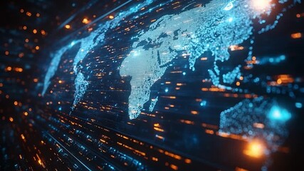 Digital World Map: A striking digital representation of the globe, overlaid with interconnected data streams, evoking a sense of global communication, interconnectedness. - Powered by Adobe