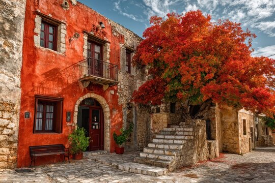Charming Autumn Streets of Archanes: Historical Homes and Trees Under a Vibrant Sky in Crete, Greece