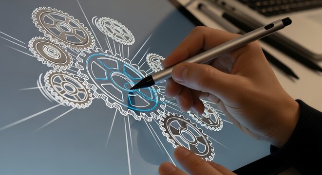 Hand drawing gears system on digital tablet with stylus, showcasing engineering precision and creative technology, concept for mechanical design, process innovation and technical illustration
