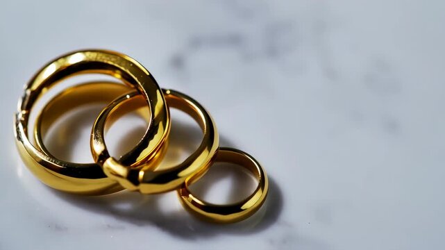 Three golden rings stacked on a white marble surface