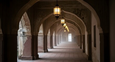 Fototapeta premium Rustic Aesthetic Corridor Architectural Beauty with Lanterns, Timeless Design and Atmospheric Charm