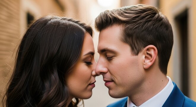 Young caucasian couple embracing tender moment in urban setting