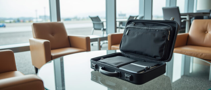 Sleek black briefcase rests open glass table modern lounge area, showcasing its organized interior. comfortable seating and large windows create