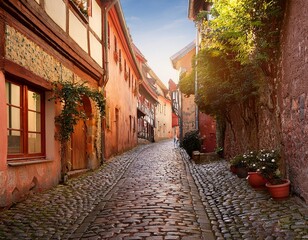 Fototapeta premium charming cobblestone alleyway in a historic european town