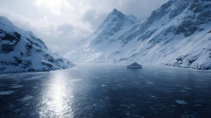 A passenger boat navigates an icy fjord amidst snow covered mountains under a dramatic winter sky