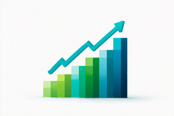 PNG rising bar chart and arrow, clean flat design, subtle drop shadow, data points highlighted, corporate blue and green palette, isolated transparent background