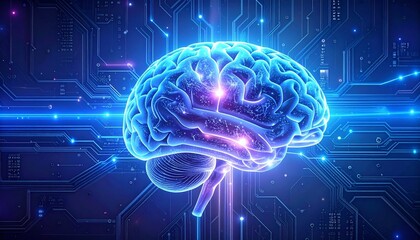 Neon-lit digital brain with glowing neural nodes overlaid on circuit board—symbolic of AI