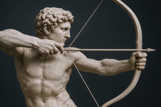 Statue of Archer Aiming Arrow with Bow, Nude Male Figure Ancient Greek Sculpture