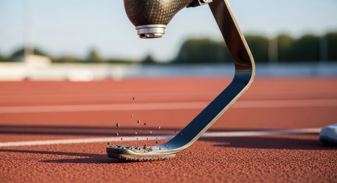 Prosthetic running blade on track highlighting athletic performance in sports technology