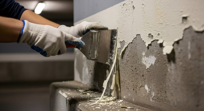 Man scraping old paint off a concrete wall with a metal scraper. Renovation and surface preparation for home maintenance. DIY project concept.