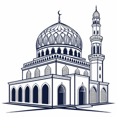 Elegant islamic mosque architecture with dome and minaret in a clean line art style