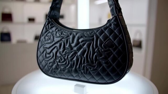 Black quilted shoulder bag displayed on a light-colored surface