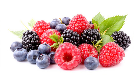  wild Berries mix, raspberry, blueberry, blackberry, isolated on white background,