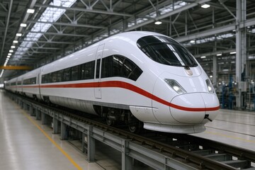 Fototapeta premium Sleek High-Speed Train on Tracks Inside Depot, Modern Transportation Technology, Rail Transport