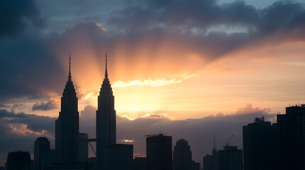 Fototapeta premium An urban New York City skyline at sunset with brilliant orange and purple hues across the clouds