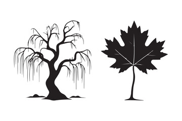 Black and white silhouette of a weeping willow tree and a maple leaf © Roney