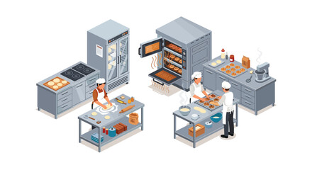 Isometric Bakery Illustration: Chefs Baking Bread and Pastries in a Commercial Kitchen with Oven, Mixer, and Refrigerator, showcasing bakery equipment and process