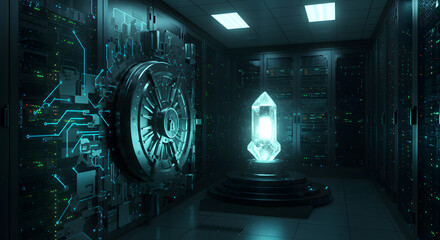 A glowing crystal inside a vault door in a server room with circuit board design elements visible