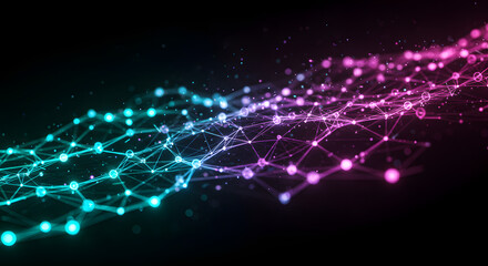 Abstract network with connected glowing nodes in blue and pink on a dark background design element