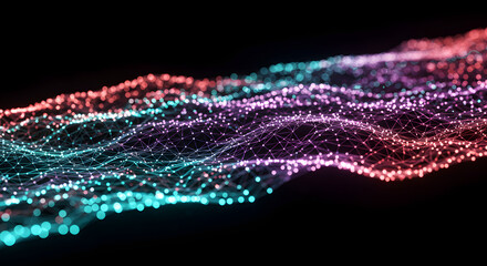 Abstract network with connected dots and lines in shades of blue pink and purple on a black background