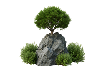 A lush green tree sits atop a textured gray rock, surrounded by smaller shrubs, creating a tranquil and natural scene.