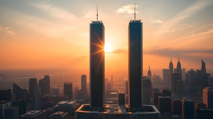 Chicago cityscape with a vibrant sunset over the skyline and urban buildings