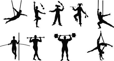 Circus Acrobat Silhouettes: Illustrating Gymnasts, Jugglers, and Strongmen, Showcasing Strength, Balance, and Entertainment in Performance.
