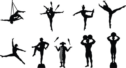 Circus Acrobat Silhouettes: Illustrating Gymnasts, Jugglers, and Strongmen, Showcasing Strength, Balance, and Entertainment in Performance.