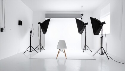 Minimalist white photo studio with chair, softbox lights, and acoustic panels.