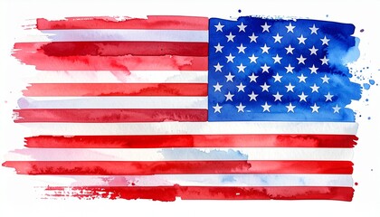 Watercolor-style American flag with expressive brush strokes and blended colors.