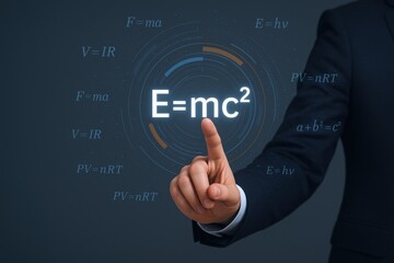 Conceptual display of a business person pointing to scientific equations and formulas floating in space