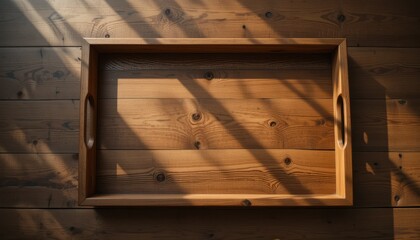 Wooden tray on rustic wooden table natural light still life photography cozy atmosphere top-down view minimalist design