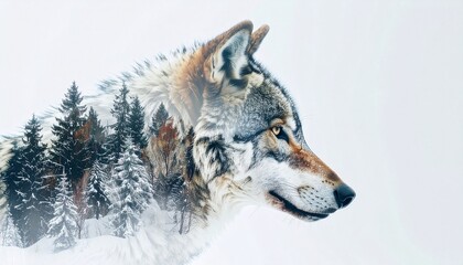 Obraz premium Double exposure of wolf and snowy forest