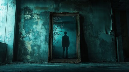 A mysterious figure stands before an ornate mirror in a dimly lit, decaying space, evoking themes of reflection and isolation.