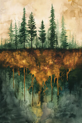 Watercolor illustration of land and vegetation, symbolic concept of Day 3 Genesis, when dry ground appeared and plants grew. Spiritual creation, biblical art, nature, faith and divine inspiration.