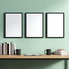 Three Black Frame Mockups Above Desk with Books and Mugs Against Light Green Wall
