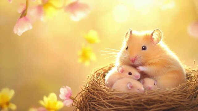 Adorable hamster family in nest surrounded by blossoms. Mother's Day, Mothering Sunday, Dia de la Madre - Global Maternal Celebration, Worldwide Family Holiday