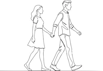 Minimal line art man woman side view walking