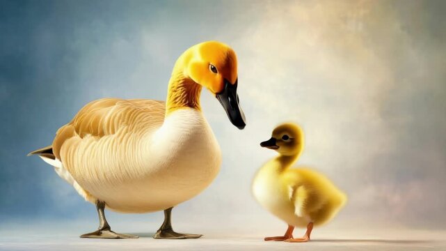 Serene scene of goose and gosling against a soft colorful background. Mother's Day, Mothering Sunday, Dia de la Madre - Global Maternal Celebration, Worldwide Family Holiday