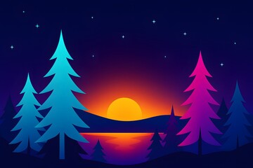 Fototapeta premium Stylized sunset landscape with glowing sun, reflective water, and pine forest in blue, purple, and pink under a starry sky.