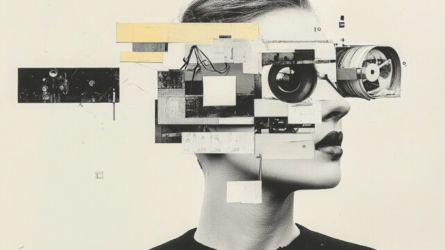 Thought provoking collage depicting fragmented human identity integrated with technology