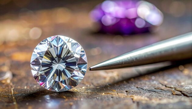 Solitaire Diamond Laying on Wooden Table in Goldsmith Factory with Setting Single Tools on the Side of the Diamond 