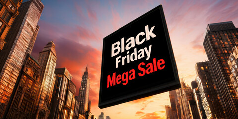 vibrant cityscape featuring a prominent "Black Friday Mega Sale" sign against a colorful sunset backdrop.