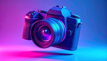 Floating vintage camera on pink-blue gradient