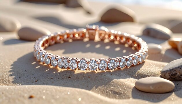 Solitaire Diamonds Tennis Bracelet in Rose Gold with 4 Prong Micro Setting Laying on Beach sand in Sunny Day