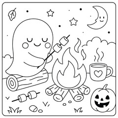 A cute ghost roasts marshmallows by a campfire with a pumpkin and smiling moon above