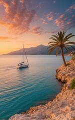 Serene Sunset Sailboat at Coastal Cliffs