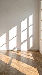 Fototapeta premium Sunlight streams through windows, casting shadows on a light-colored room